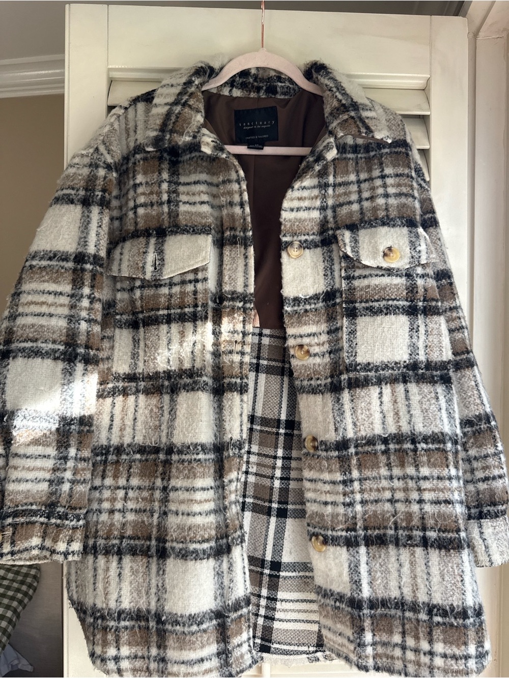 Sanctuary Plaid Wool-Blend Shacket in Cream, Brown & Black